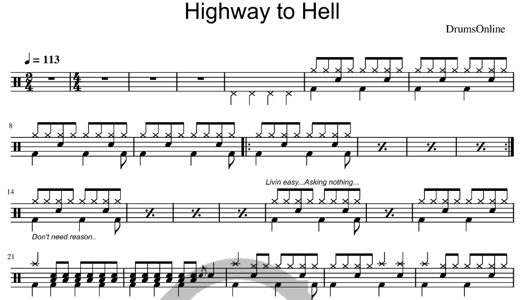 Highway To Hell - ACDC - Drum Sheet