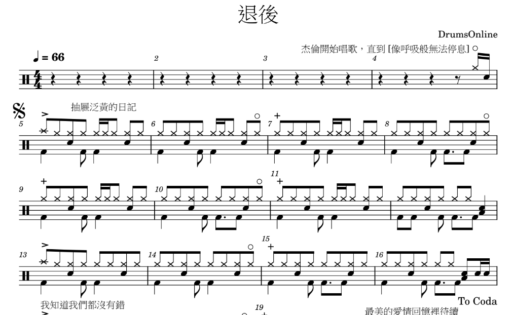 退後 - 周杰倫 Jay Chou | Drum Sheet
